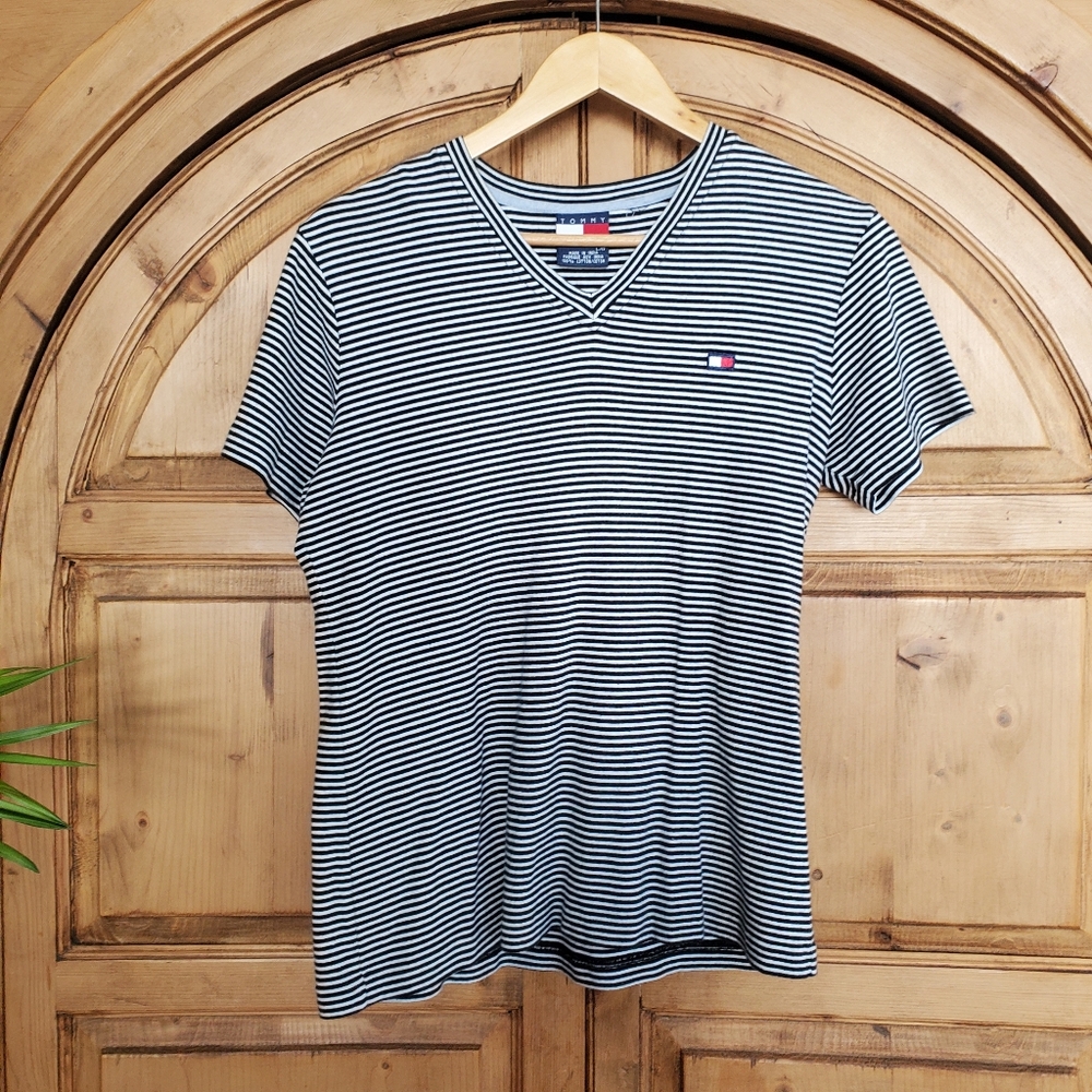 Tommy Hilfiger Shirt Women L Stripe Classic V Nec